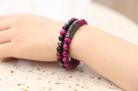 2Pcs Triple Protection Bracelet,Natural Tigers Eye Black Obsidian and Hematite 8 MM Beads Bracelet for Men Women Gift, Healing Crystal Bracelet Bring Luck and Prosperity and Happiness (Rose Red) Rose Red