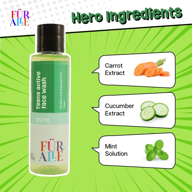 FurAlle Teens Active Face Wash 120ml | Enriched with Aloe Vera, Cucumber & Carrot Seed | Gentle Cleanser for Teen Boys & Girls | Fresh Facewash for Teenage Skin | Facewash for Fresh Kids Skin