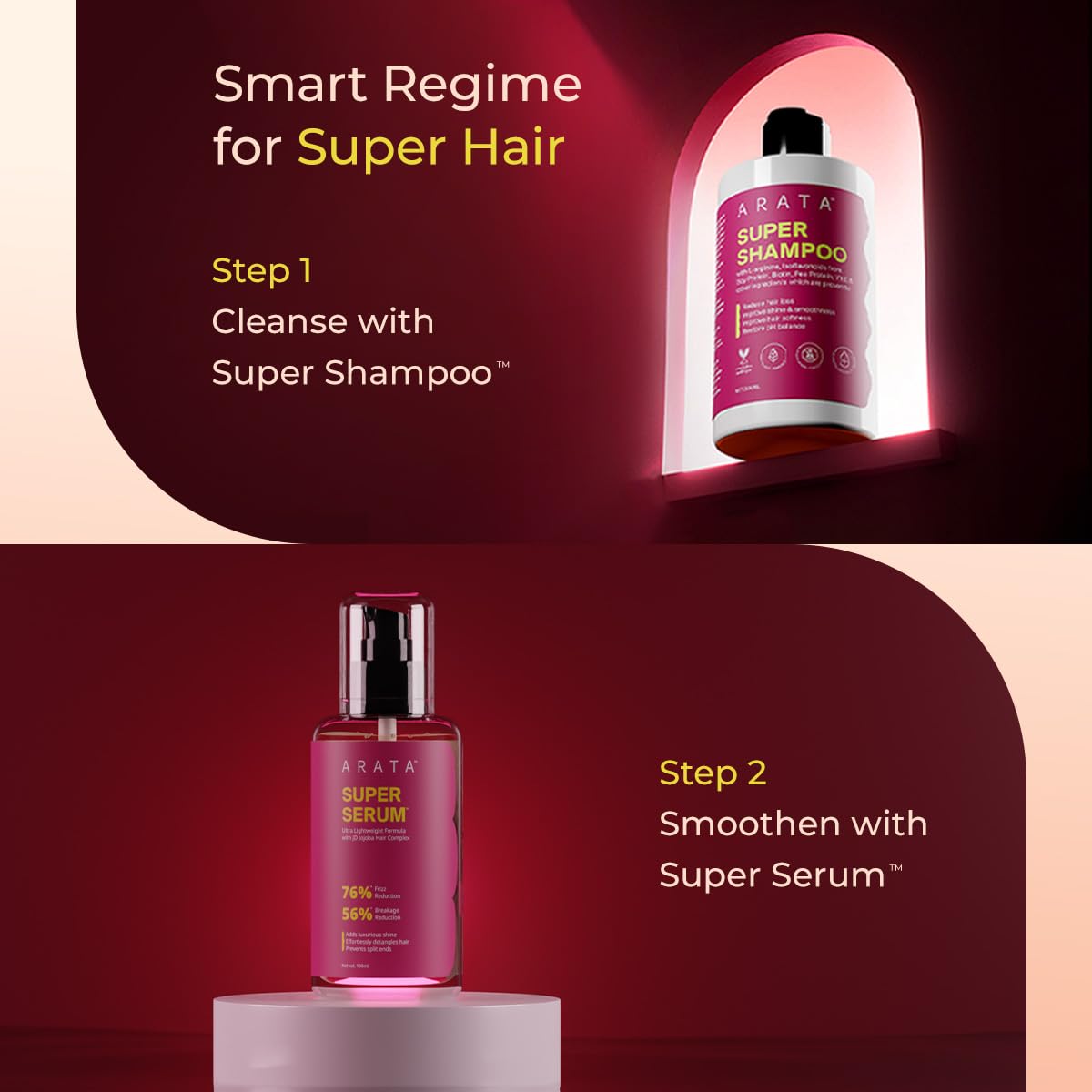 Arata Super Hair Duo | Super Shampoo & Super Serum | Prevents Breakage | Restores pH Balance | Adds Shine | Adds Smoothness | Reduces Frizz | For Women & Men | 300ml + 100ml