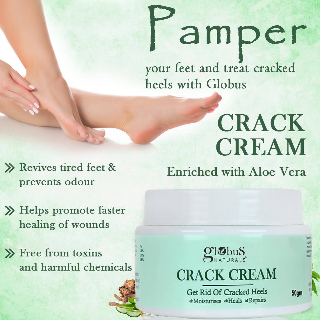 Globus Naturals Crack Cream for Dry Cracked Heels & Feet Enriched with Aloevera, Neem, Anantmool 50g