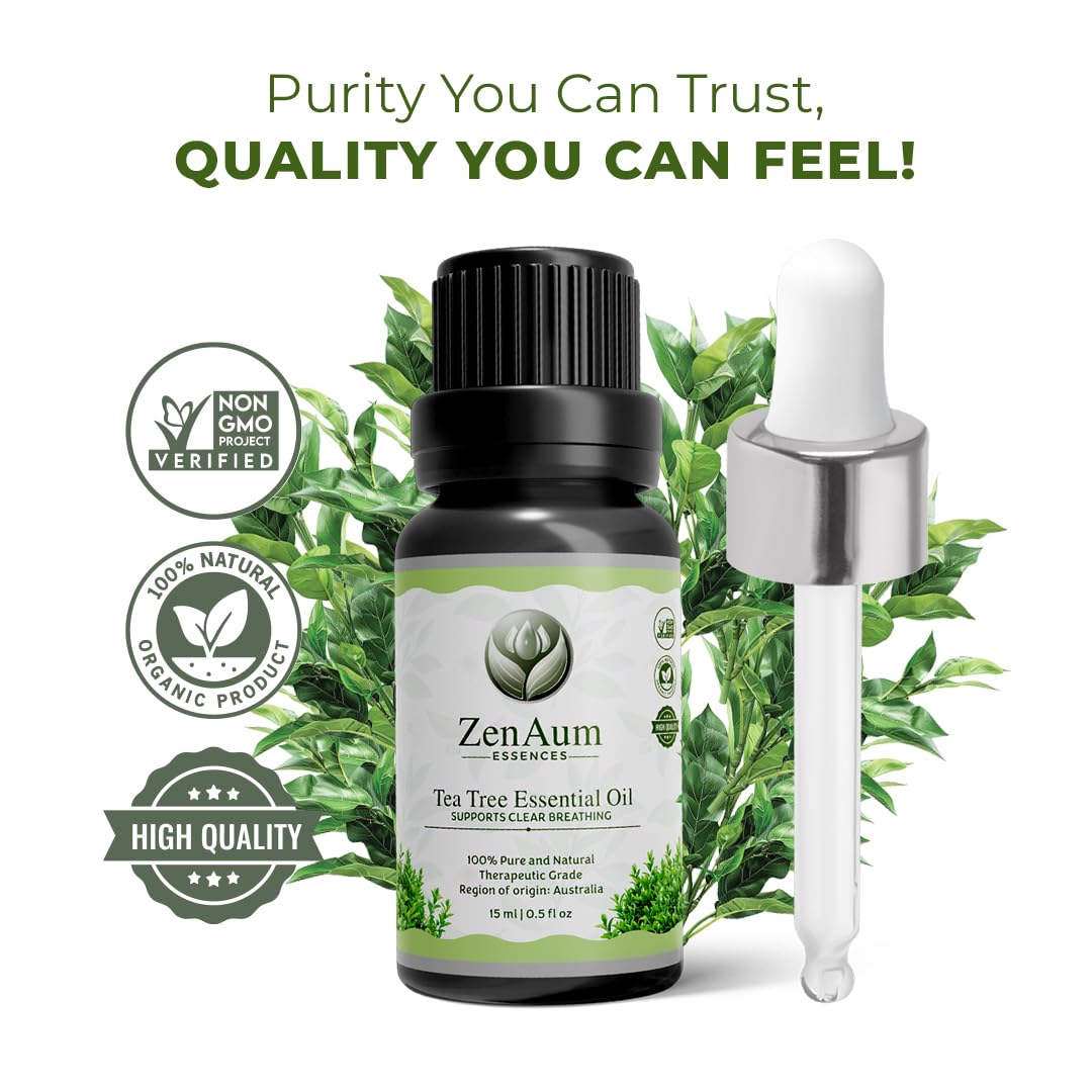 ZenAum Essences 100% Pure & Natural Australian Tea Tree Essential Oil for Scalp Care | Controls Dandruff & Cleanses Scalp | For Men & Women | FDA Approved | GMP, IFRA & ISO Certified | 15ml