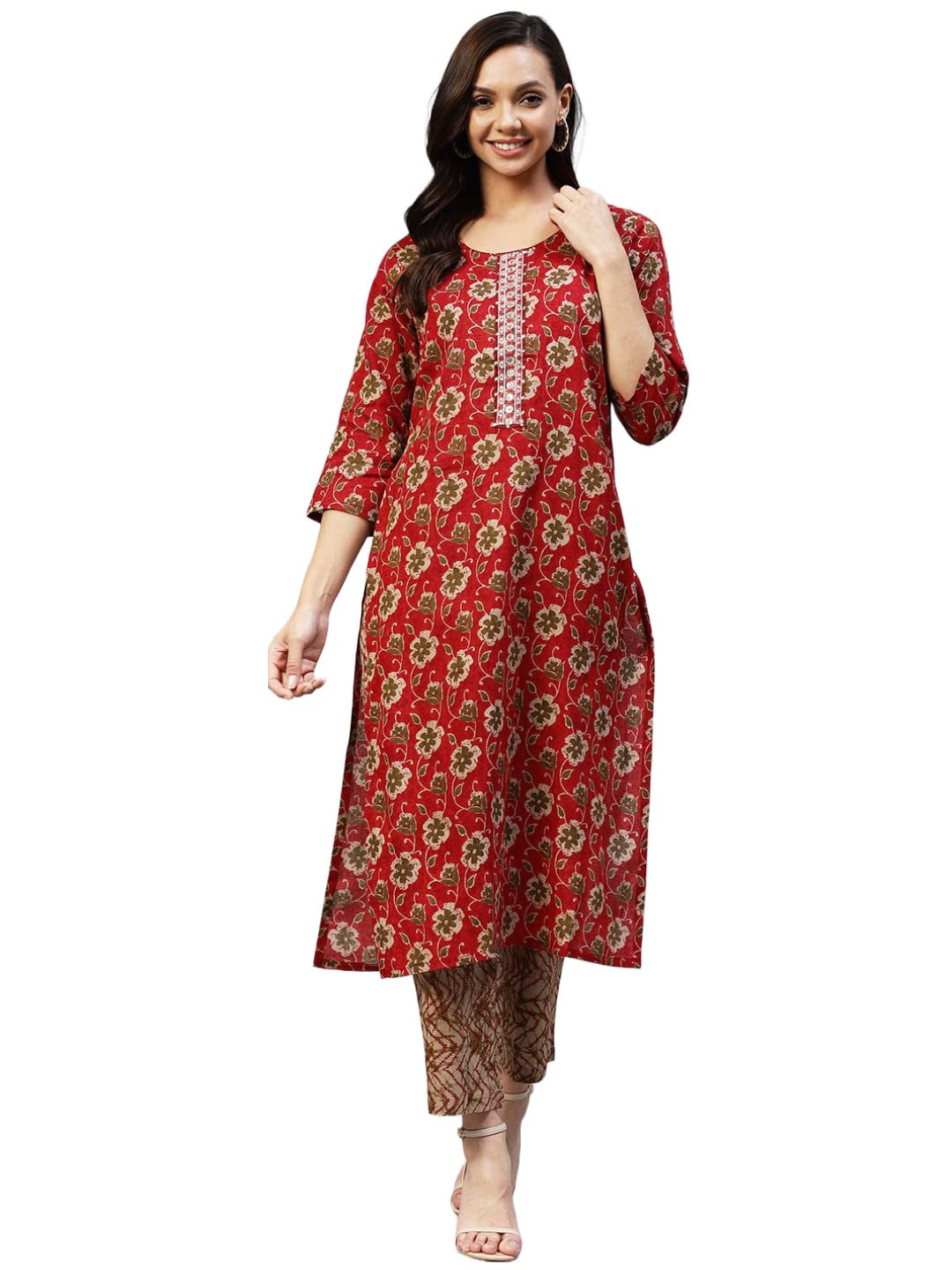 ANNI DESIGNER Women's  Cotton Blend Printed Straight Kurta with Pants