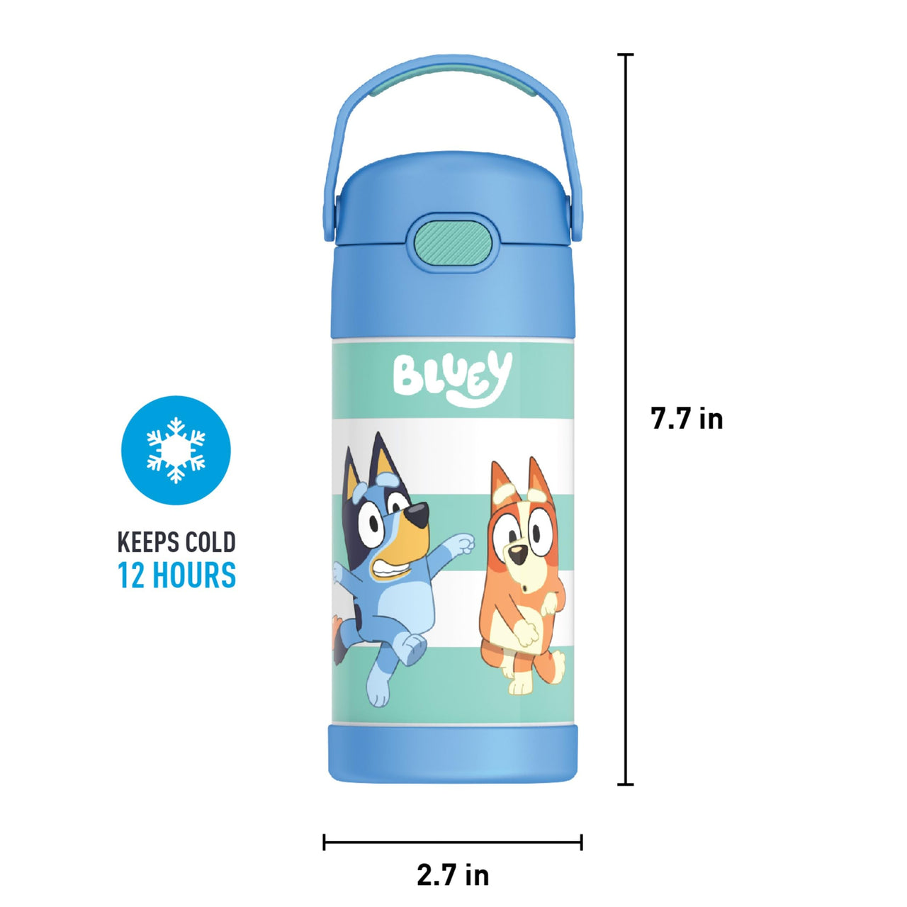 THERMOS FUNTAINER Water Bottle with Straw - 12 Ounce, Bluey - Kids Stainless Steel Vacuum Insulated Water Bottle with Lid Licensed Characters