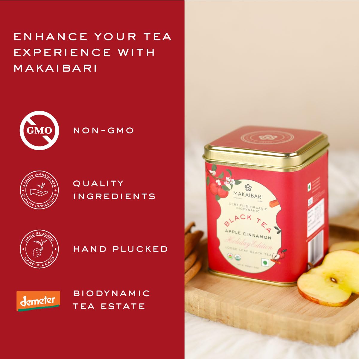 Makaibari Holiday Edition : Apple Cinnamon Black Tea | Usda Certified Premium Black Tea | Anti-Oxidants, Immunity Booster | Tin Caddy, Loose Leaves - 50 Gm
