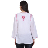 Paramount Women's  Chikankari Cotton White Straight Short Kurta Navy XS