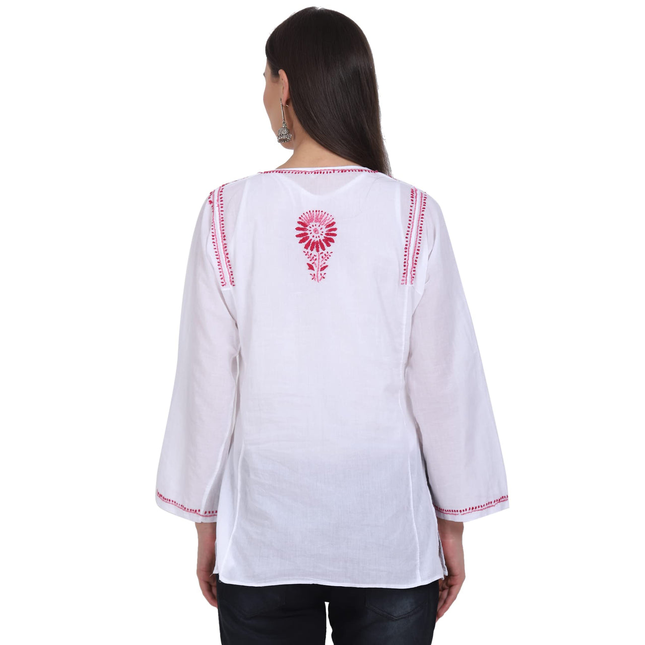 Paramount Women's  Chikankari Cotton White Straight Short Kurta Navy XS