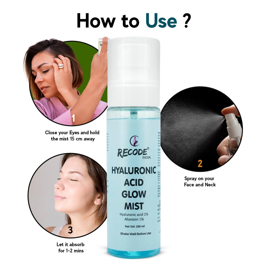 Recode Hyaluronic Acid Glow Mist 100ml | Intense Moisturization | Luminious Glow | Goodness Extracts of Papaya, Witch Hazel, Cucumber & Aloe Vera