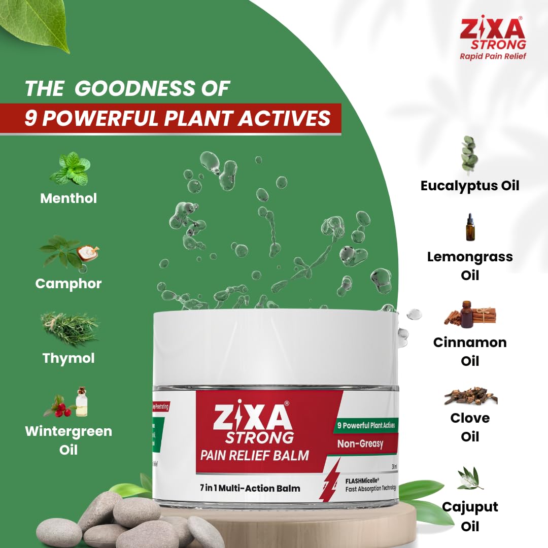 ZIXA Strong Pain Relief Balm - Non-Greasy Cream, 7-in-1 Multi-Action Formula with Aromatherapy | Fast-Absorbing | Natural with Micelle Technology for Headache, Joint, Muscle, and Back Pain | 30ml (Pack of 1)