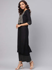 idaLia Women's  Embroidered Black Rayon Kurta With Palazzo Pants