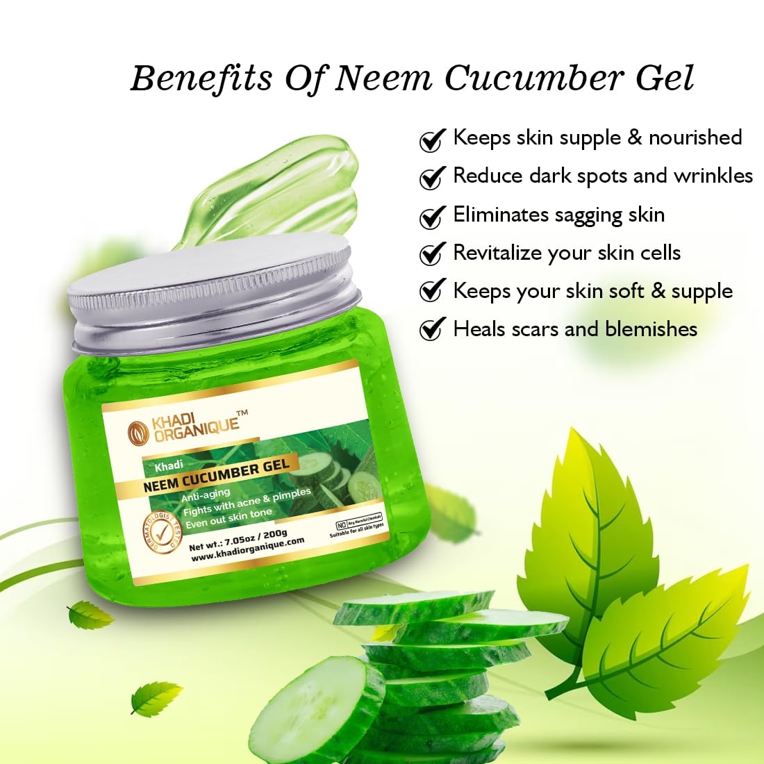 Khadi Organique Aloe Vera Gel with Neem & Cucumber for Face, Body & Hair | Deep Hydrating, Soothing & Moisturizing Aloe Vera Gel for Dry Skin & Hair | Organic Moisturizing Gel for Women & Men - 200gm