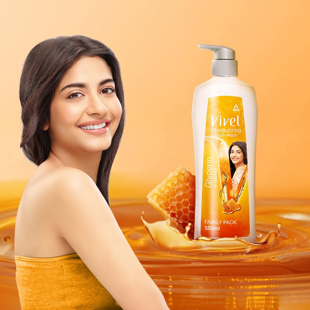 Vivel Moisturizing Body Wash, Glycerin & Honey Shower Gel, 500 ml Pump Bottle, For Soft, Glowing Skin, Mild and Pure Bodywash, For Women and Men