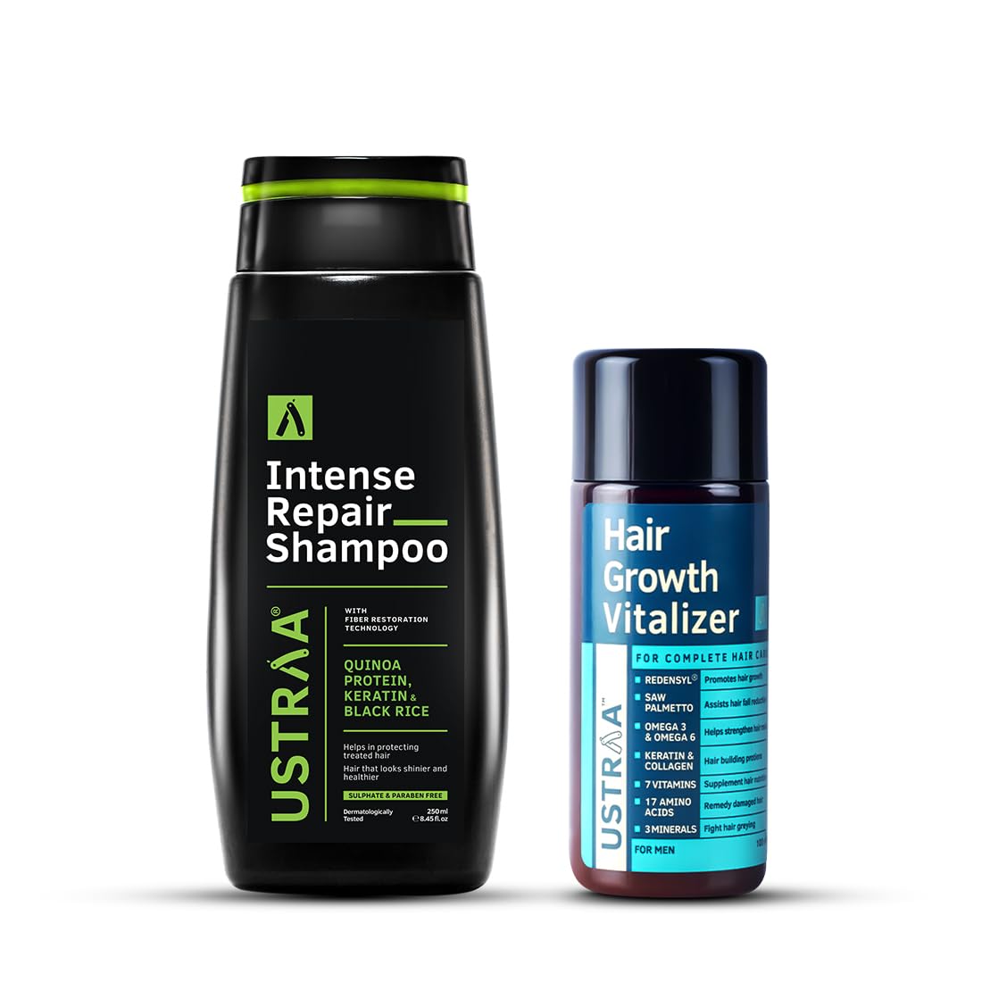 Ustraa Grow & Repair Kit - Hair Growth Vitalizer 100ml - With Redensyl, Saw Palmetto | Non-sticky & Intense Repair Shampoo - 250 ml | Fiber Restoration Technology | Helps Restore Hair Bonds | Keratin