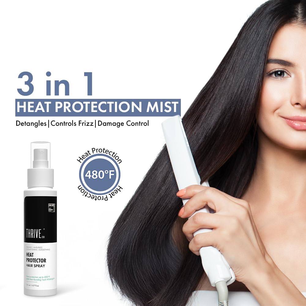 ThriveCo Heat Protection Spray For Hair -150 Ml, Hair Styling Spray For Women & Men, Heat Protectant Spray For Hair Upto 250°C & 2X Less Hair Breakage I Frizz Free & Helps In Damage Control