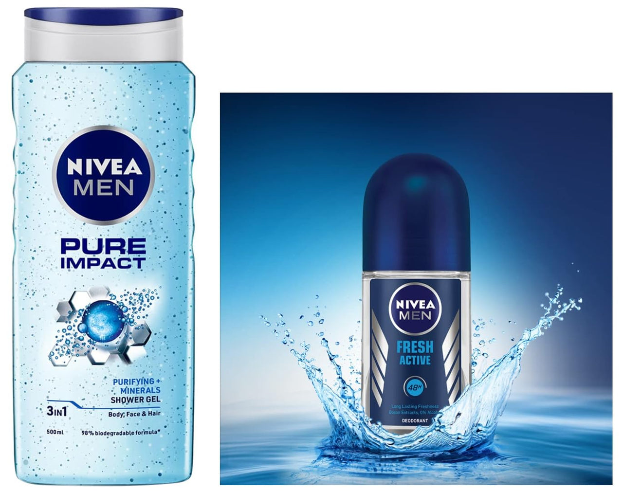 NIVEA Men Pure Impact Shower Gel, 500ml, Hair, Face & Body Wash And NIVEA Men Deodorant Roll-On, Fresh Active Original, 50ml