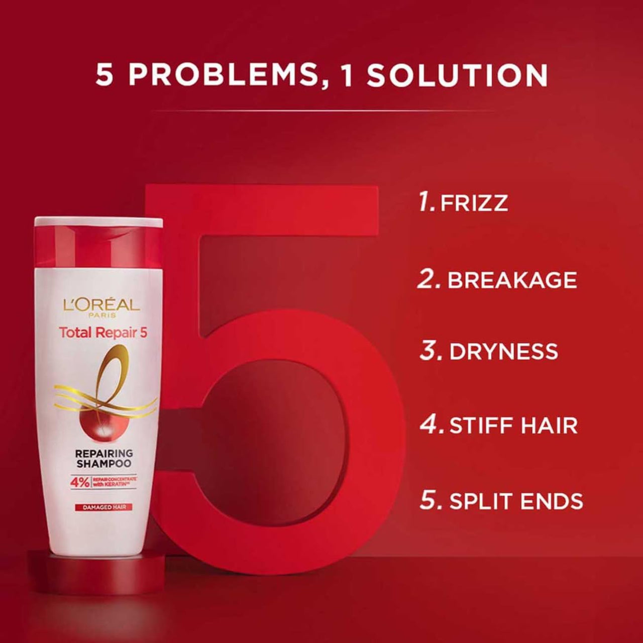 L Oréal ParisTotal Repair 5 Repairing Shampoo 4% Repair Concentrate With KERATIN For Damaged Hair 180ml (PACK OF 2)