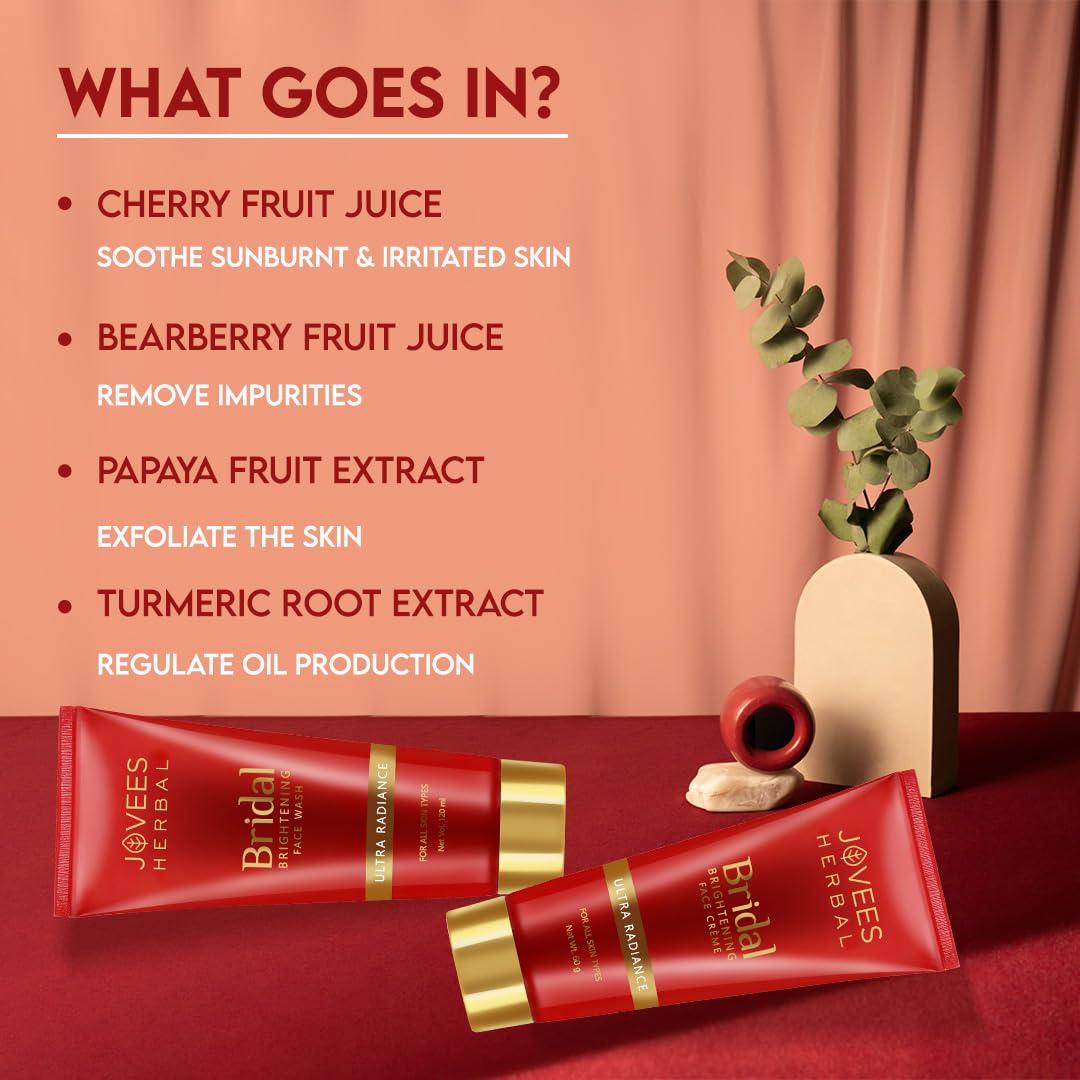 Jovees Herbal Bridal Face Wash 120ml | Ultra Radiance | Hydrating and Bridal Crème 60g | For Natural Glow and Brightness (2 Item in the set)