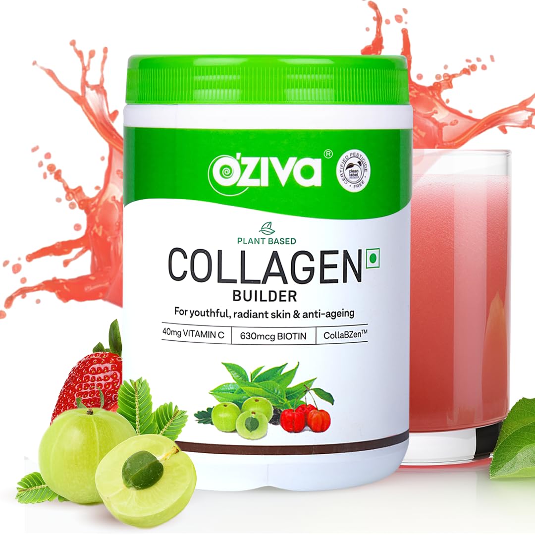 OZiva Vegan Collagen (Tangy Amla) with Biotin & Vitamin C For Brighter & Youthful Skin|Collagen Supplement For Women & Men|Plant Based Collagen Powder| Vegan (Pack of 1),1 count,200 grams