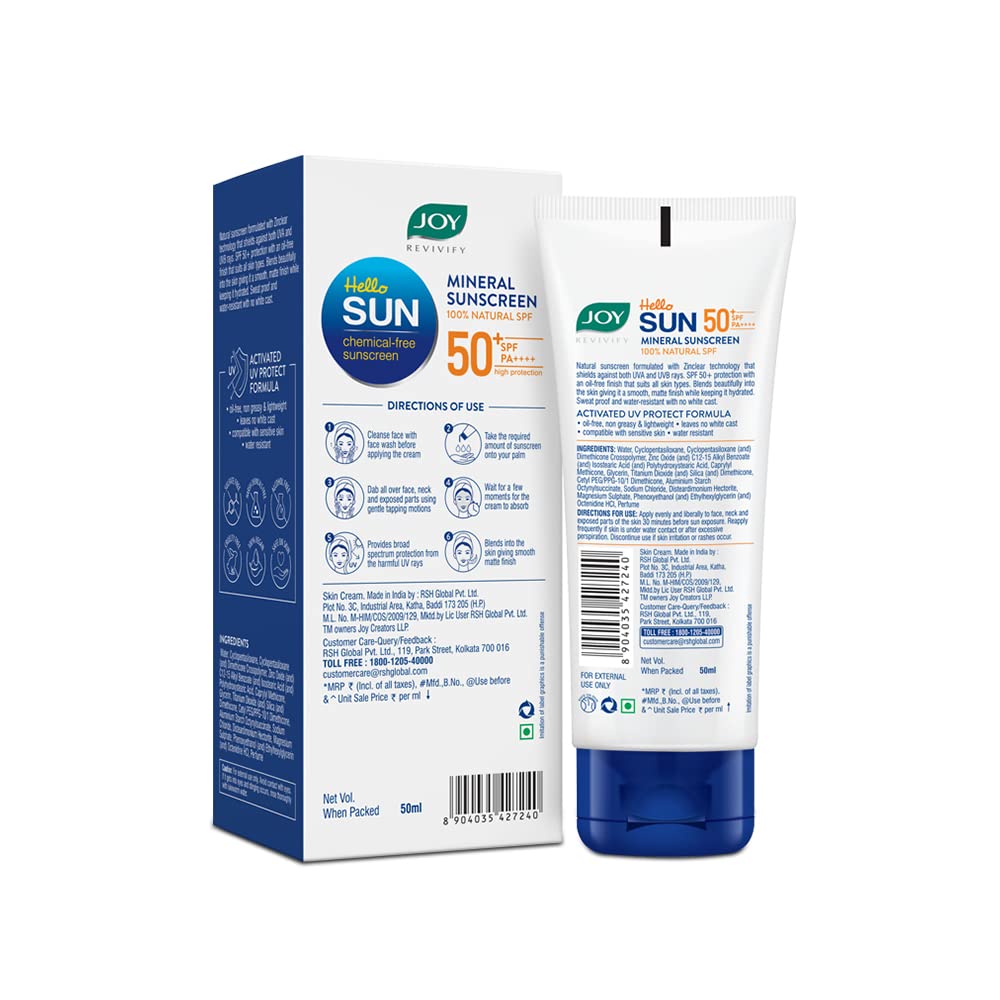Joy SPF 50 PA++++ Mineral Sunscreen For Oily Skin with 100% Natural SPF & Zinc Oxide 50ml | Oil Free, Lightweight & Zero White Cast | Chemical Free Sunscreen For Men & Women