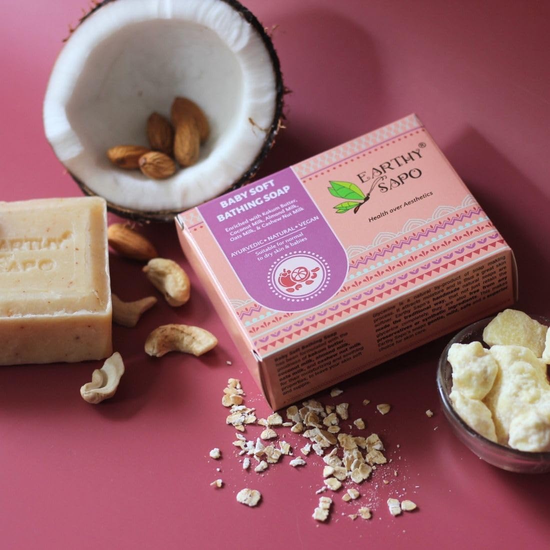 Earthy Sapo Handmade Baby Soft Bathing Soap (Coconut, Almond & Oat Milk, Kokum Butter) 100g, Pack of 2 | Natural, Gentle Bath Soap for Babies Sensitive Skin