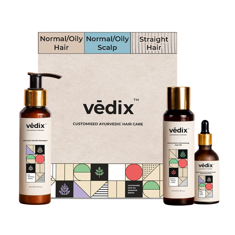 Vedix Customized Hair Fall&Dandruff Control Regimen For Normal/Oily Hair -Normal To Oily Scalp&Straight Hair,3 Product Ayurvedic Hair Care Kit - Ayurvedic Hair Oil,Shampoo,Hair Growth Serum,540 Grams