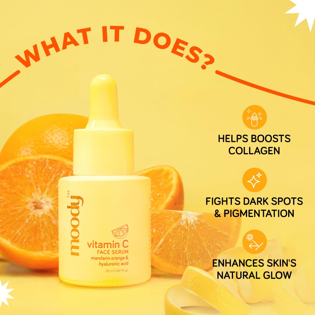 Moody Vitamin C Face Serum for Glowing Skin, Brightening & Hydrating | Mandarin Orange & Hyaluronic Acid | Vegan & Cruelty Free | Radiant and Supple Skin | Reduces Dark Spots and Pigmentation, 20ml