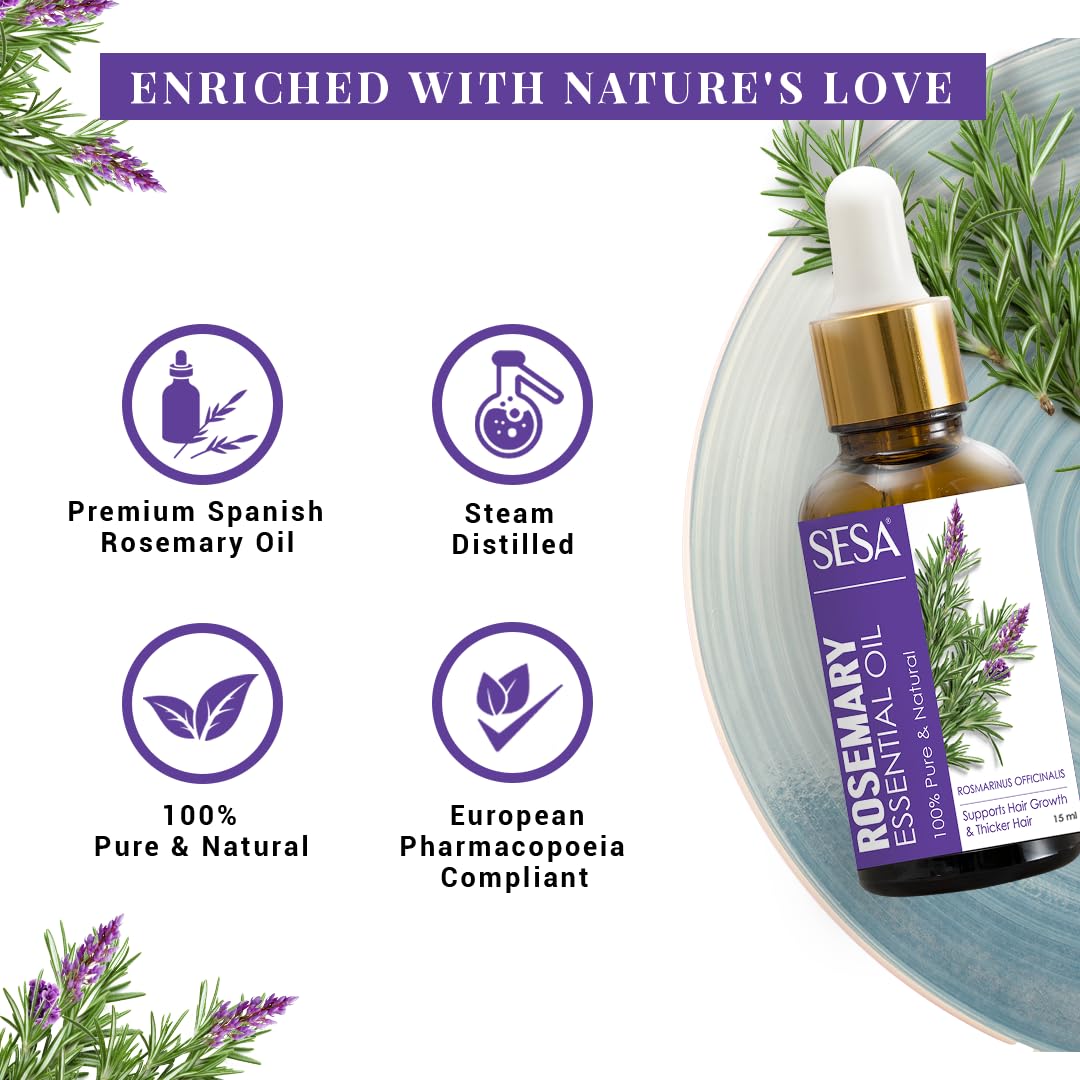 Sesa Rosemary Essential Oil For Hair Growth Nourishes Skin Hair Fall Control Oil For Women and Men 100% Pure & Natural Rosemary Oil, 15 ml