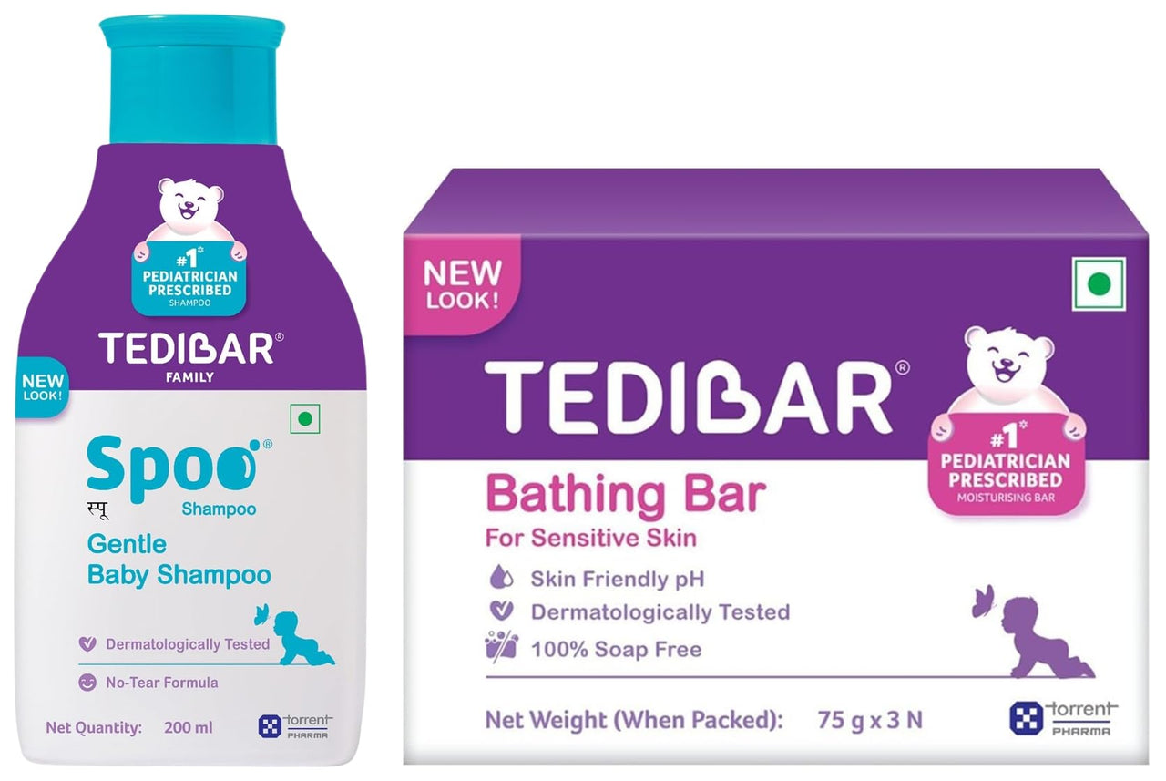 Tedibar Baby Bathing Bar,Gentle Cleansing, Skin-friendly, pH 5.5,75gm, Pack of 3 & Spoo No-Tear Formula baby shampoo 200ml from Tedibar Family No. 1 Pediatrician Prescribed Shampoo - By Torrent Pharma