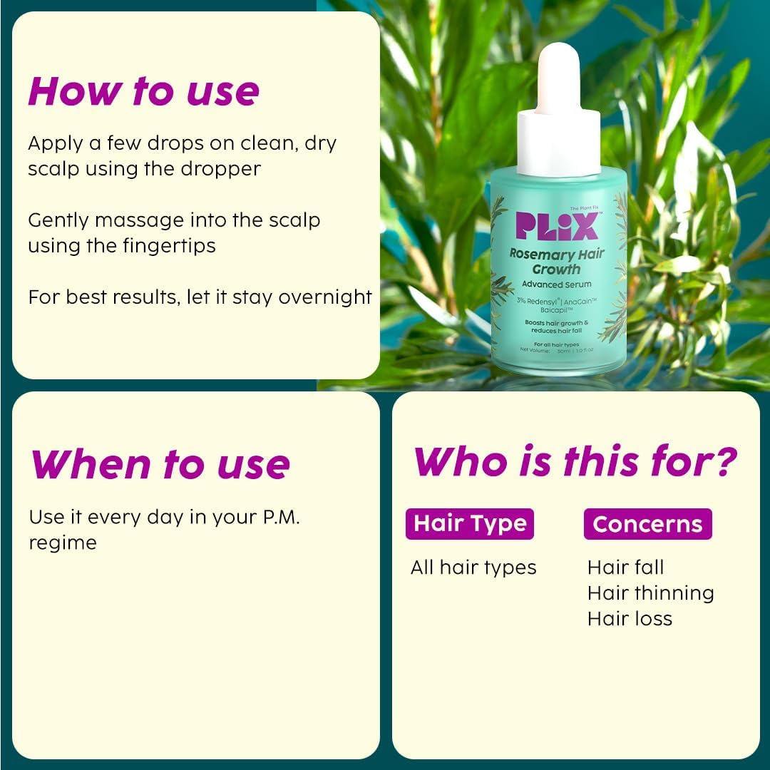 The Plant Fix Plix Rosemary Hair Growth Serum with 3% Redensyl, 4% AnaGain, 3% Baicapil, 30 ml | Stimulates Hair Growth, Increase Hair Density & Thickens Hair | For Men & Women