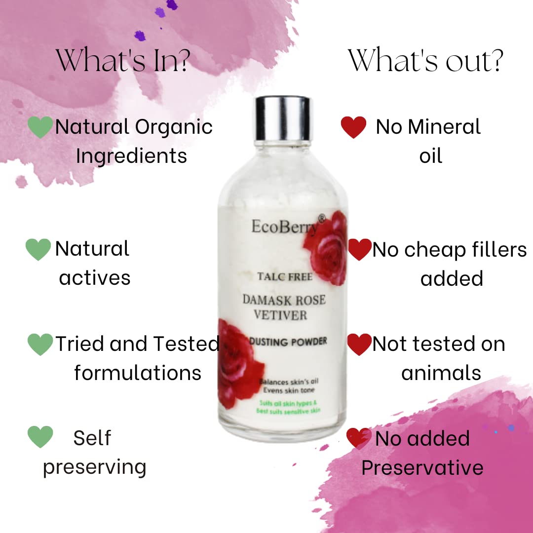 EcoBerry Damask Rose Vetiver Dusting Powder,Chemical &Talc Free,Hypoallergenic,Organic Certified Ingredients,No Whitish Cast, Mattify,Non-Comedogenic, Sensitive Skin,100% Natural & Handmade,Vegan 50g