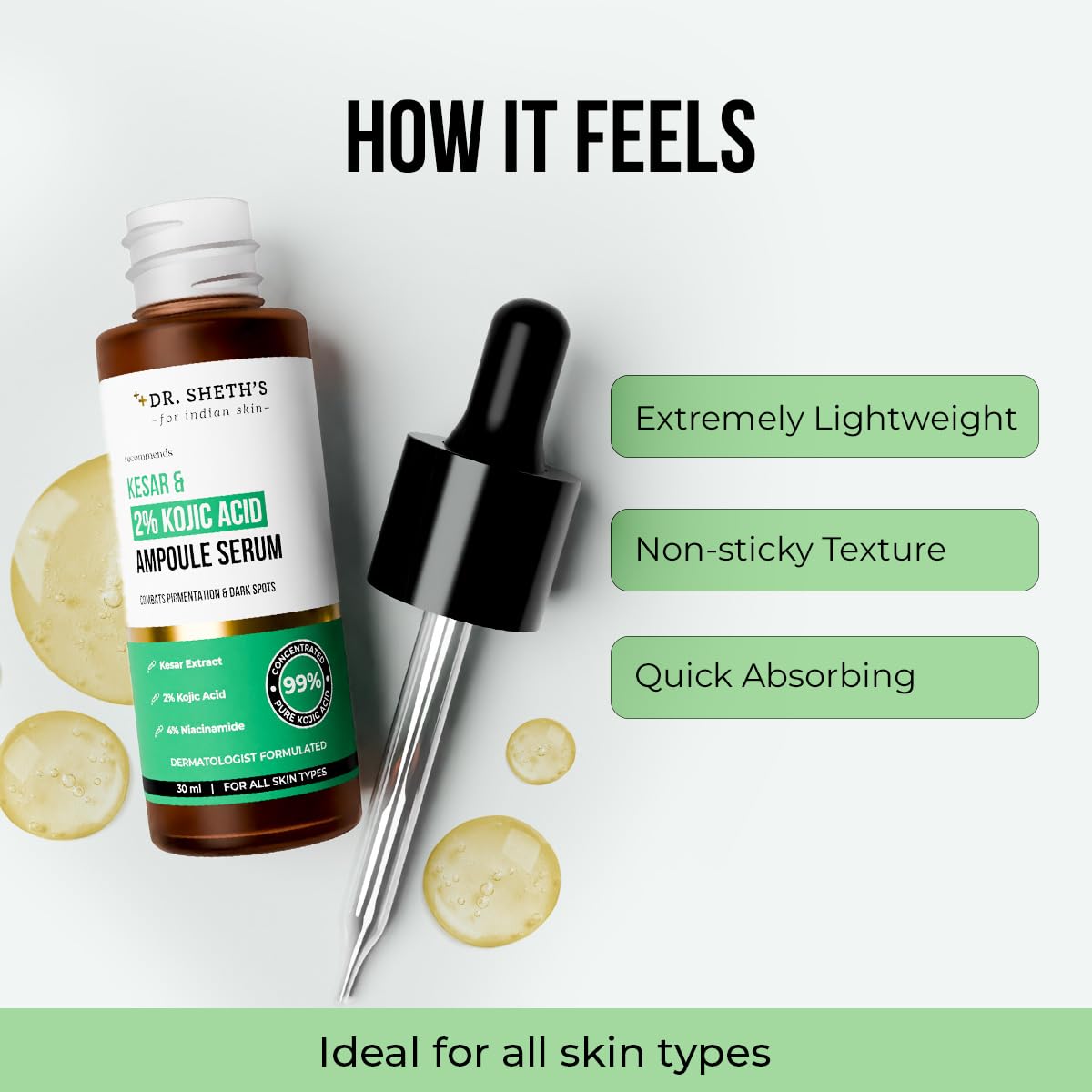 Dr. Sheth's Kesar & 2% Kojic Acid Ampoule Serum | For Glowing Skin | Daily Use Pigmentation Fighting Serum | For Dark Spots | For Men & Women | 30 ml