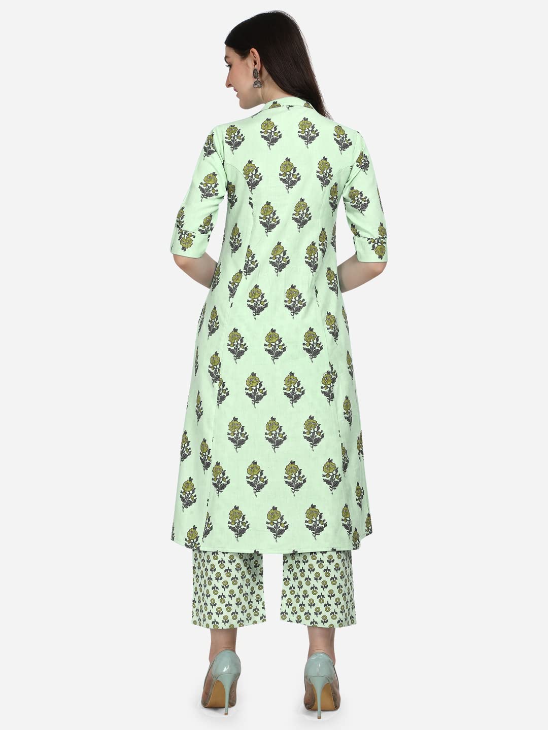 MIRCHI FASHION Women's  Cotton Bagru Printed A-Line Kurta Set with Plazzo Pant L Grey, Pink