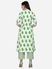 MIRCHI FASHION Women's  Cotton Bagru Printed A-Line Kurta Set with Plazzo Pant L Grey, Pink