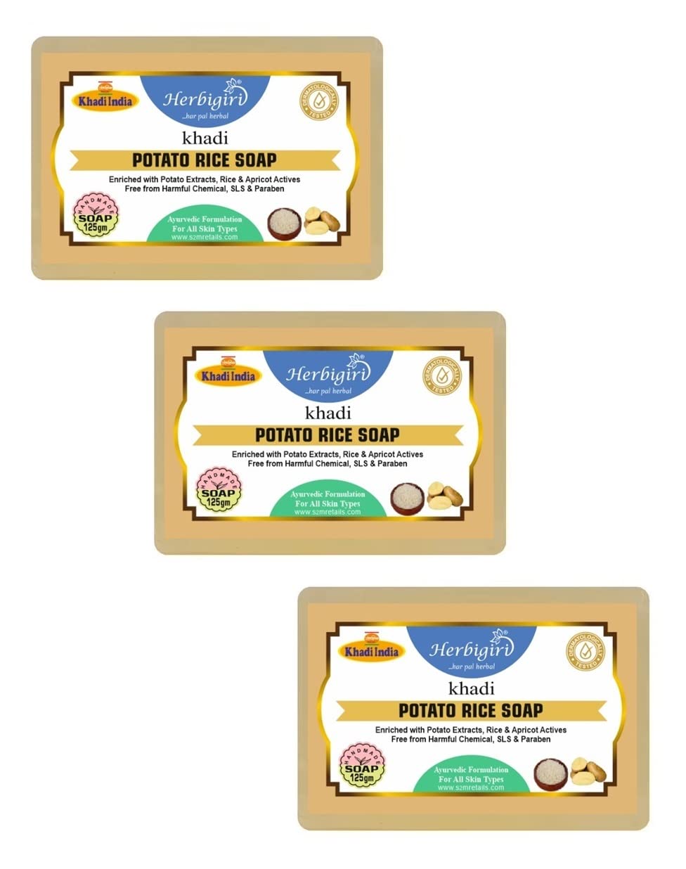 Herbigiri Khadi Natural Potato Rice Handmade Soap (Pack of 3, 125g Each)