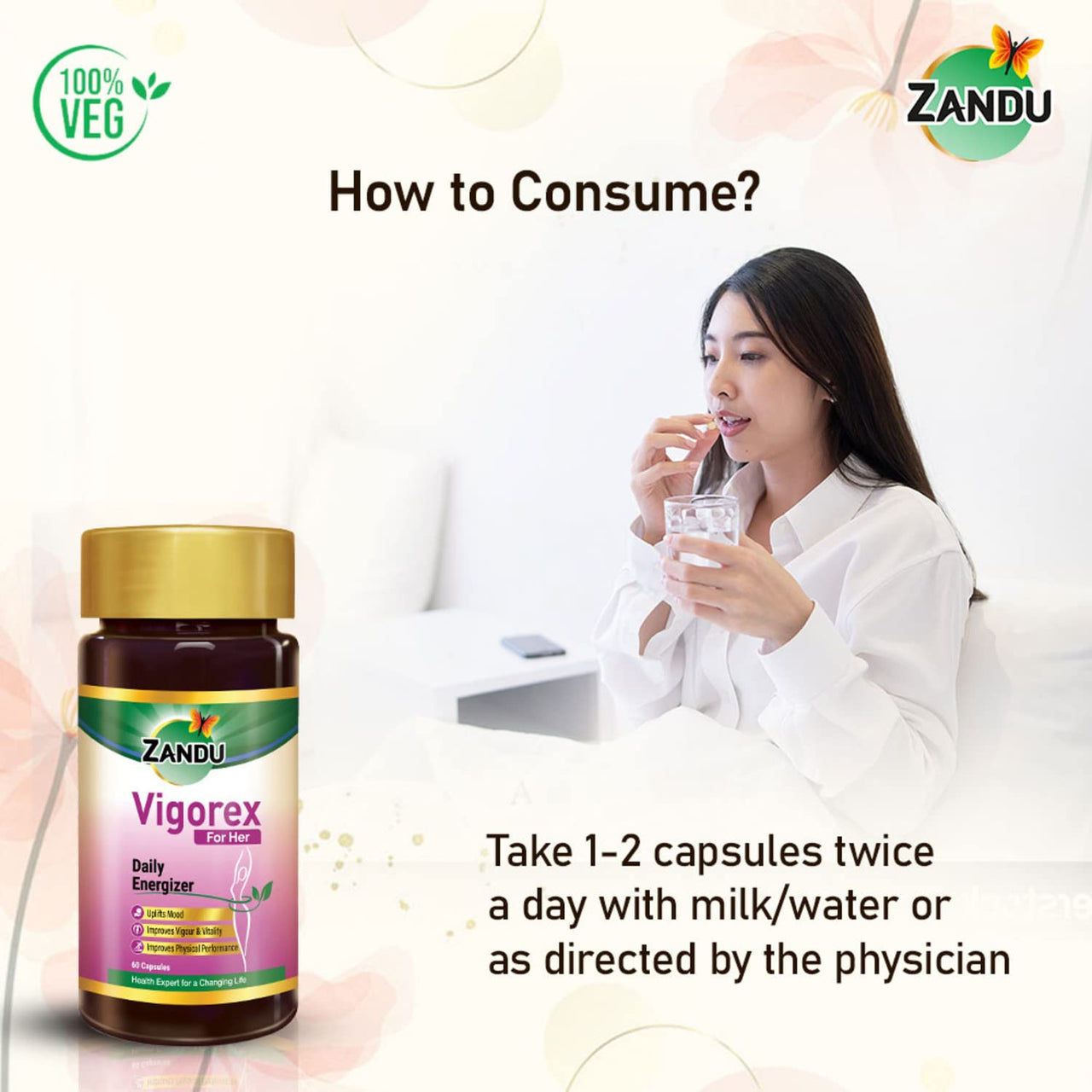 Zandu Vigorex For Her: A Daily Energizer |100% Natural,Authentic & Safe ingredients| Her Secret Remedy for Vigour and Vitality (Pack of 60 capsules)