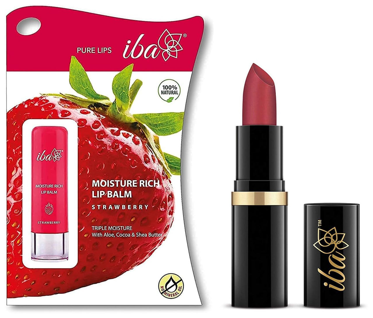 Iba Halal Care Pure Lips Moisturizing Natural Lipstick Shade, A85 Pink Nectar, 4G & Halal Care Moisture Rich Lip Balm - Strawberry, 4.5 G