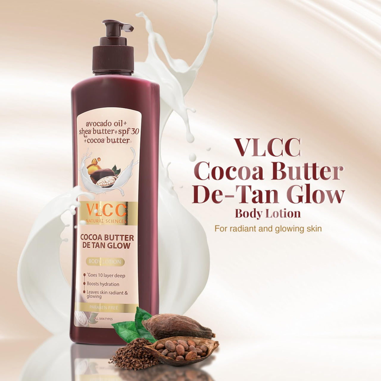 VLCC Cocoa Butter De-Tan Glow Body Lotion SPF 30 PA+++ - 400ml | Deeply Hydrating & Moisturizing Lotion | Helps fight tanning | Glowing Skin & Even Skin Tone | Avocado Oil, Shea Butter & Cocoa Butter