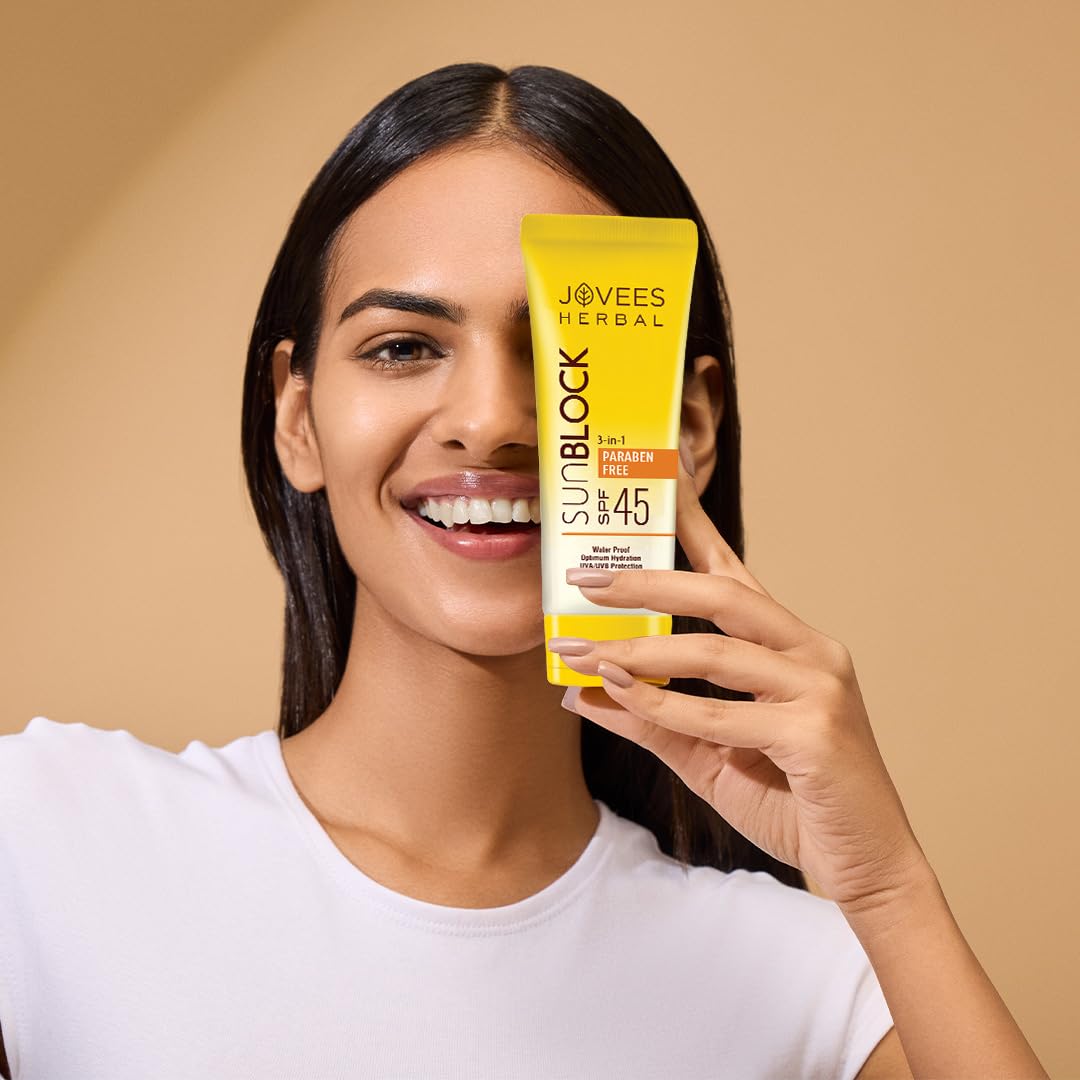 Jovees Herbal Sun Block SPF 45 For Even Toned & Glowing Skin | Suitable For Dry Skin | Sunscreen for UVA/UVB & Blue Light Protection | Lightweight & Non Grassy for Men & Women 100g (Pack of 2)