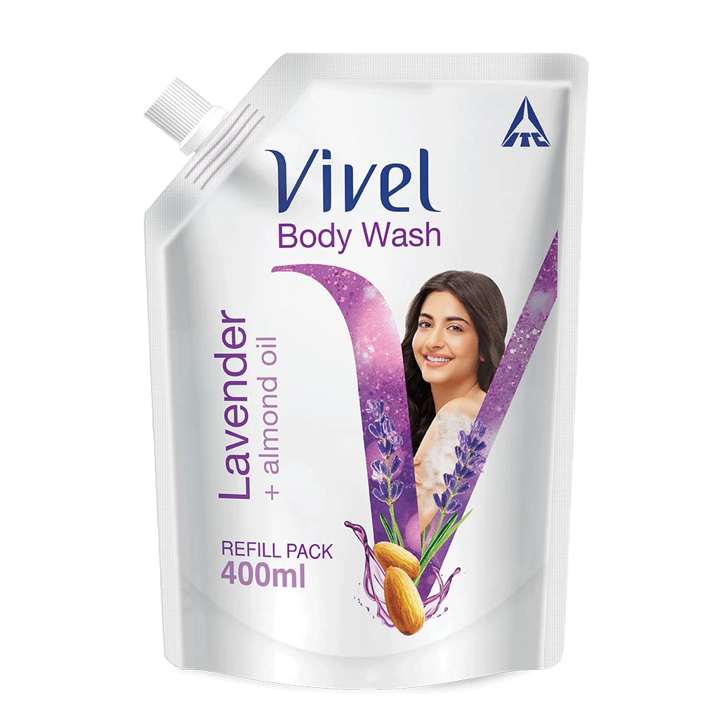 Vivel Aloe Vera Bathing Soap with Vitamin E for Soft, Glowing skin|Refreshing Fragrance|Combo Pack 150g (Pack of 4)&Vivel Body Wash, Lavender & Almond Oil Shower Creme, Liquid Refill Pouch, 400 ml
