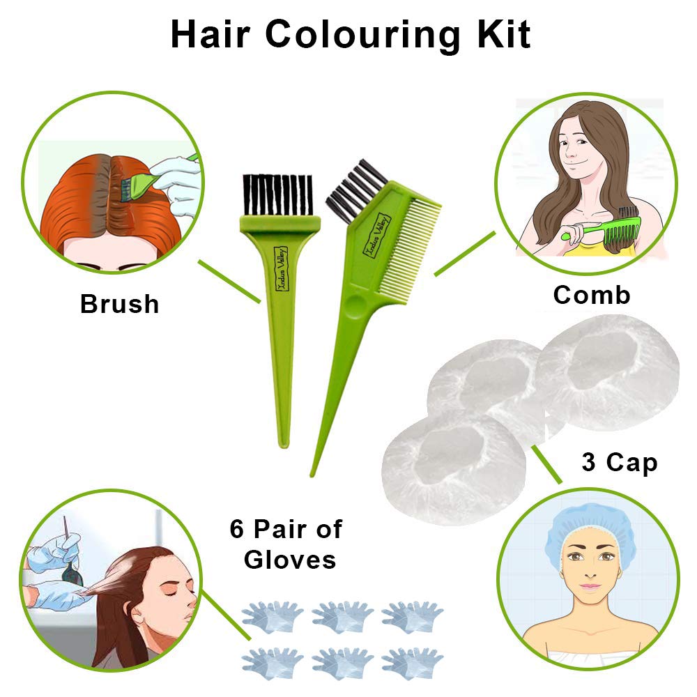 INDUS VALLEY Hair Colouring - Set 11 Pcs, Colouring Brush with Comb, Henna Colouring Brush, 3 Pcs of Hair Color Warming cap & 6 Pairs of Hand Gloves
