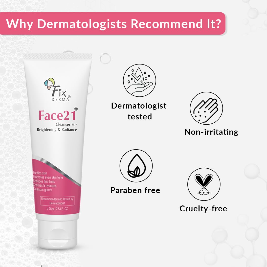 Fixderma Face21 Cleanser, Skin Brightening Cleanser, Exfoliates Dead Cells, Remove Pigmentation, Reduces Wrinkles & Fine Lines, Evens Skin Tone, Purifies Skin, 75ml
