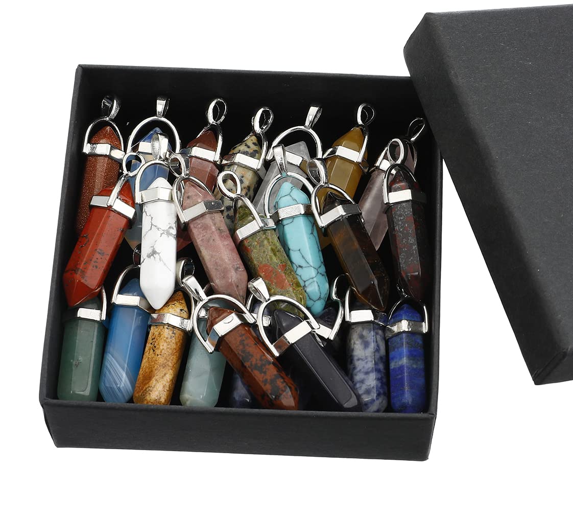 Lezam 24 Pcs Healing Chakra Crystal Pendant Hexagonal Pointed Natural Stone Bullet Shaped Pendant Gemstone Quartz Charm Pendants for Necklace Jewelry Making(24) 24-B