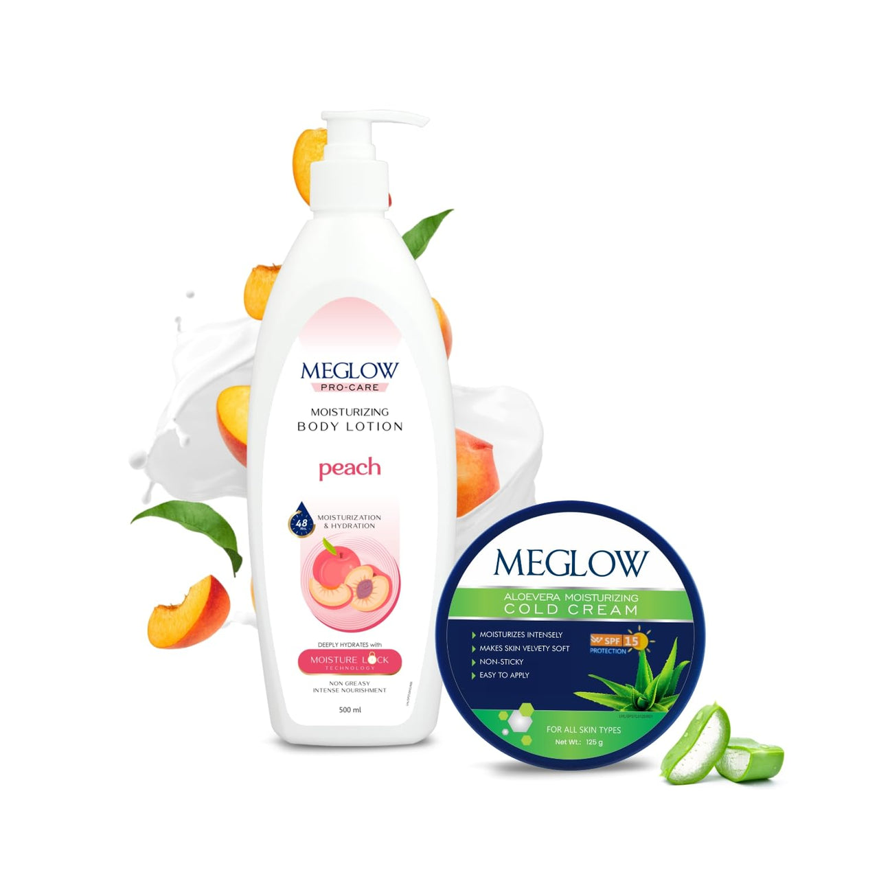 Meglow Combo of Aloe Vera Moisturizing Cold Cream Moisturizer Cream with SPF 15 Protection & Peach - Body Lotion Best Moisturizer for dry skin