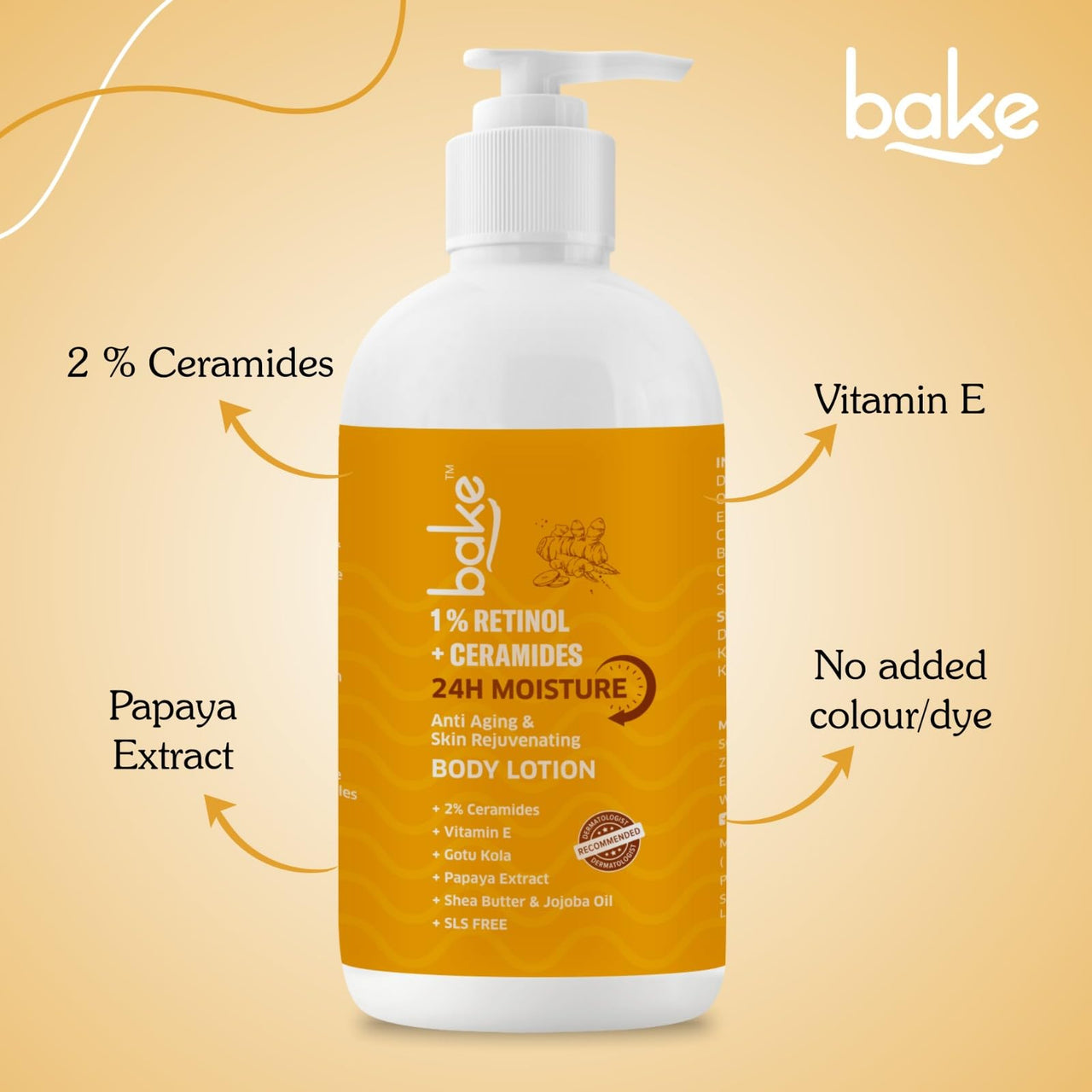 BAKE 1% Retinol + Ceramide Body Lotion For Dry, Aging Skin | Reduce Fine Lines & Wrinkles, Skin Tightening & Boosts Collagen Production | For Women & Men | 200Ml