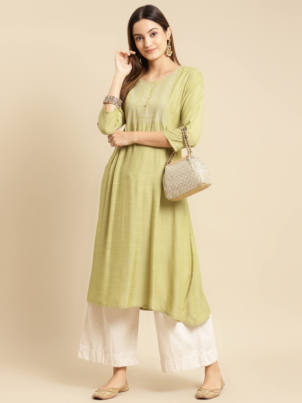 rangita Women Mint Green Yoke Zari Embroidered Calf Length A-Line Kurti