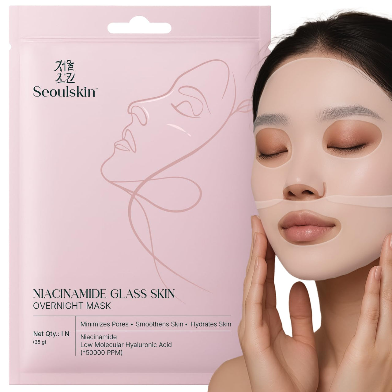 SeoulSkin Niacinamide Glass Skin Overnight Mask – Korean Face Mask Sheet for Glowing Skin | 50,000 PPM Niacinamide & Hyaluronic Acid | Hydrating, Pore-Minimizing, Korean Skincare Sheet Mask
