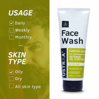Ustraa Face Wash - Oily Skin - 200g | With Basil & Key Lime - For Acne-Prone Skin | Checks Blackheads & De-Tan Face Mask Oily Skin - 125g - Effectively Removes Tan & Pollutants | with White Charcoal