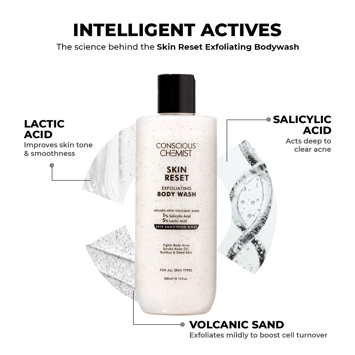 Conscious Chemist® Skin Reset Exfoliating Bodywash | 300ml | 1% Salicylic Acid Shower Gel with Volcanic Sand & Lactic Acid | Exfoliates, Clears Body Acne, Smooths Bumpy Skin | For Keratosis Pilaris & Strawberry Legs | Men & Women, Suitable for All Skin Ty