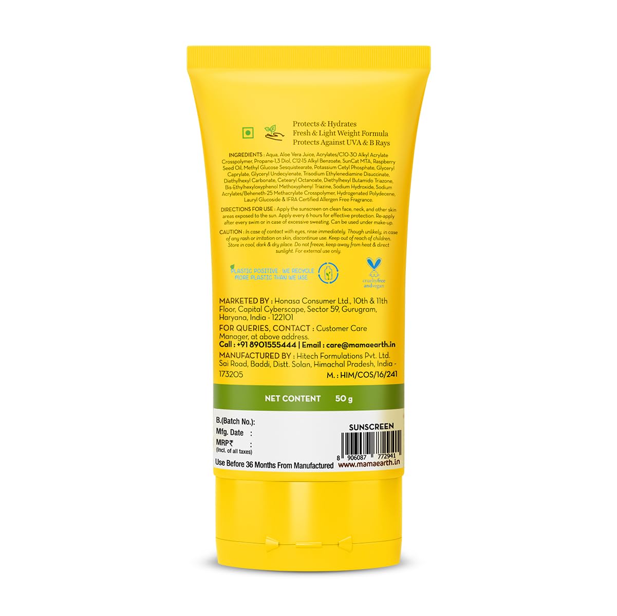 Mamaearth HydraGel Indian Sunscreen with Aloe Vera and Raspberry for Sun Protection | SPF 50 & PA++++ Protection | Shields from UVA & UVB Rays | Tan Protection | Non-Sticky & Light | 50 g