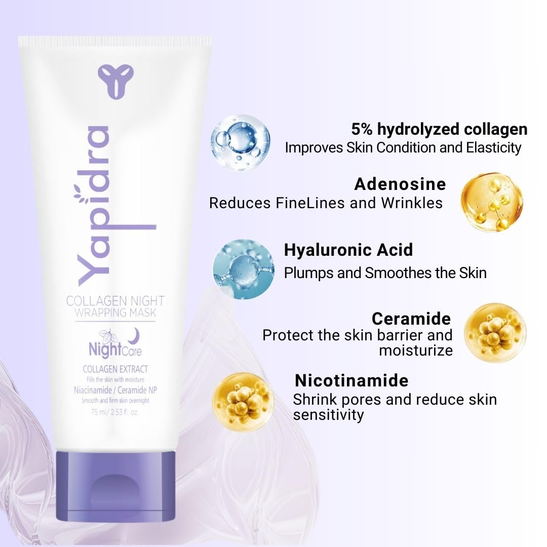 YAPIDRA Korean Collagen Night Wrapping Mask – Intense Hydration, Skin Rejuvenation & Anti-Aging Formula | Collagen, Niacinamide, Ceramide, Hyaluronic Acid for Moisturized, Glowing, Youthful Skin | Nighttime Skin Treatment | 75ml