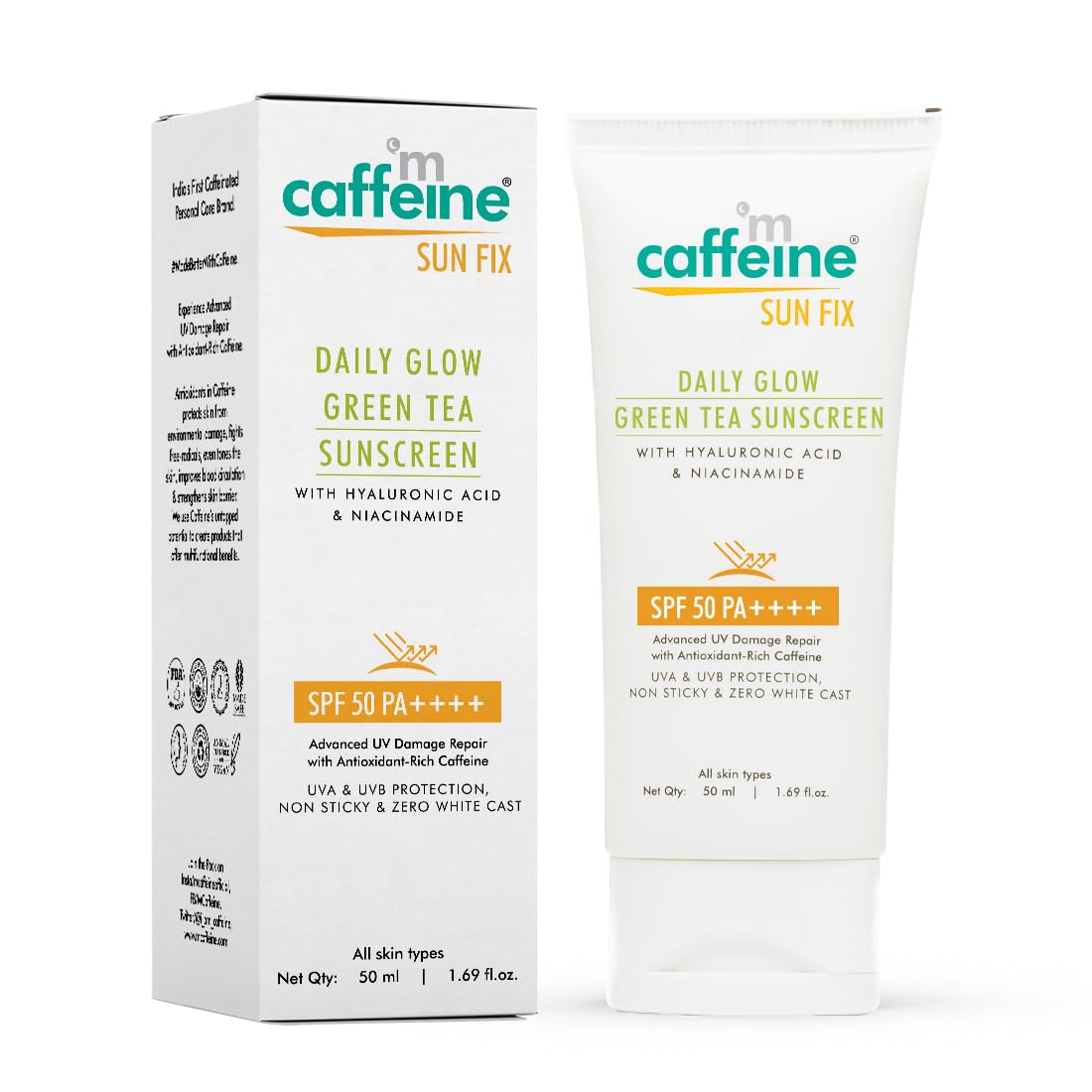 mCaffeine Niacinamide and Hyaluronic Acid Sunscreen SPF 50++ for Oily Skin | Mattifying, Zero White Care, Water Resistant & Non Sticky Sunscreen for Women & Men | Prevents Tan & UV Damage - 50ml